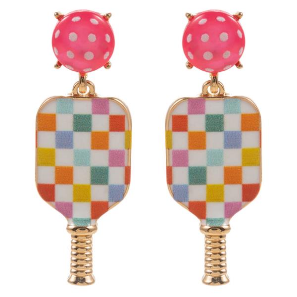 PICKLE BALL SHAPED ENAMEL W/ CHECKER PATTERN EARRING