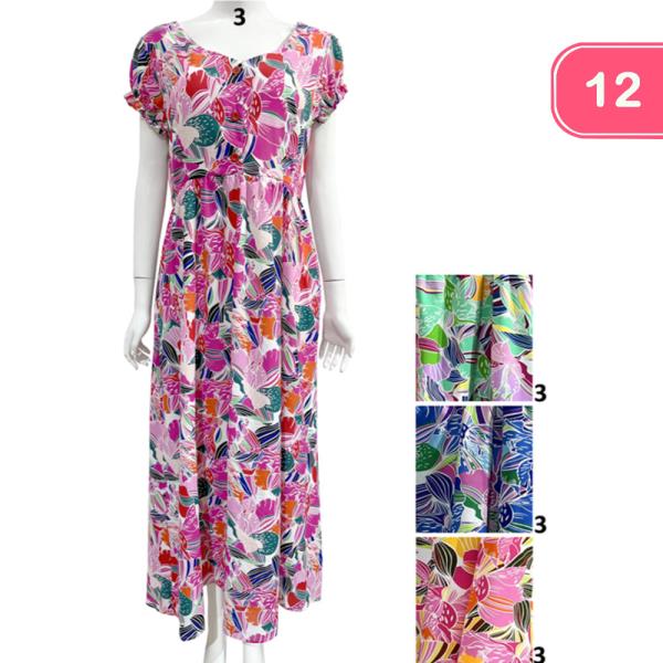 FLORAL PRINT SHORT-SLEEVE MAXI DRESS (12 UNITS)