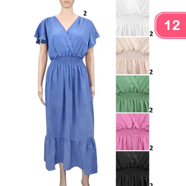 SOFT SOILD SHORT PUFF SLEEVE MAXI DRESS (12 UNITS)