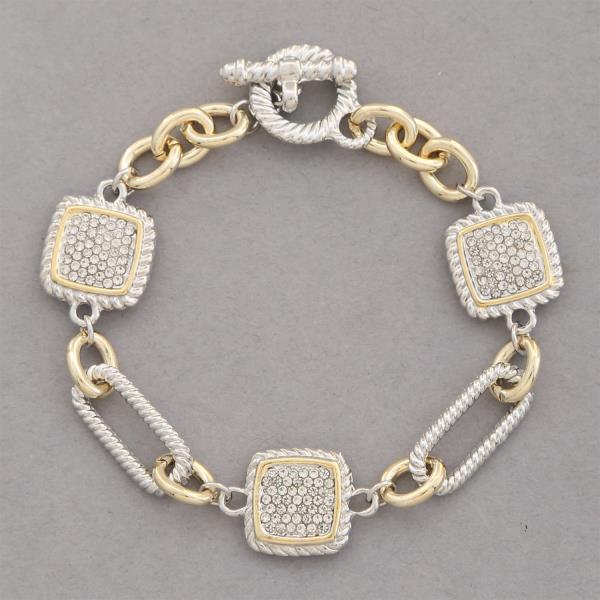 TWO TONE CZ TOGGLE CLASP METAL BRACELET