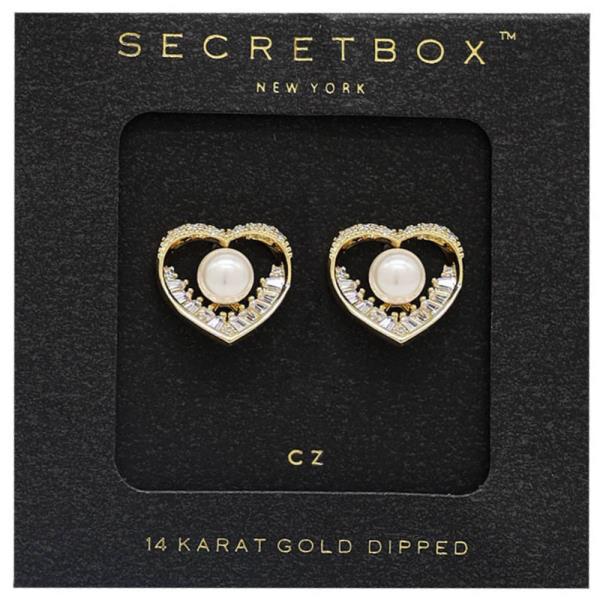 SECRET BOX CZ HEART PEARL BEAD GOLD DIPPED EARRING