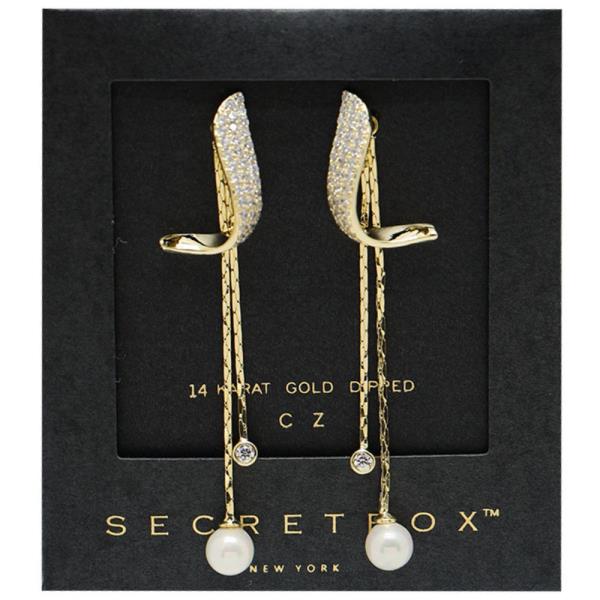 SECRET BOX CZ PEARL BEAD GOLD DIPPED DANGLE EARRING