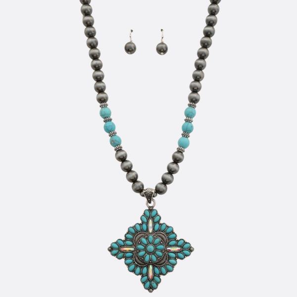 WESTERN STYLE TURQUOISE BEAD PENDANT BEADED NECKLACE