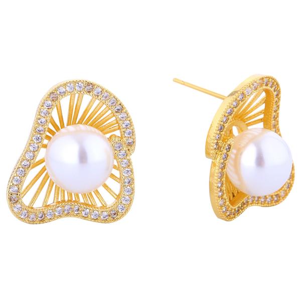 14K GOLD/WHITE GOLD DIPPED RADIANT PEARL BURST CZ EARRINGS