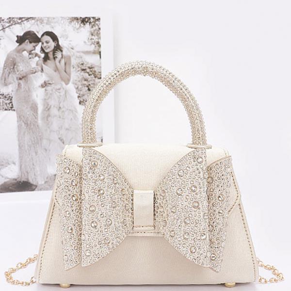 RHINESTONE RIBBON TOP HANDLE SATIN FLAP BAG