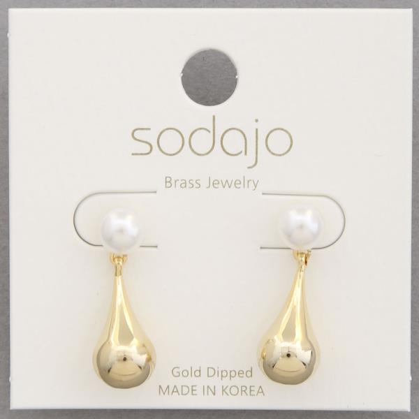 SODAJO PEARL LONG DOME METAL GOLD DIPPED EARRING