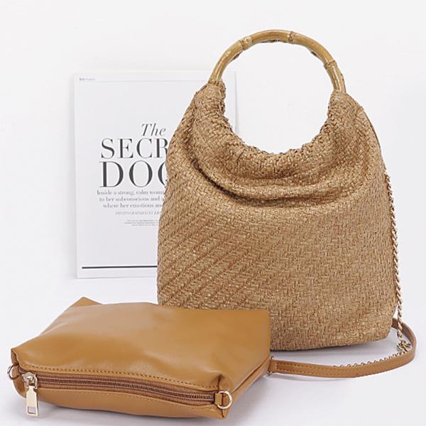 2IN1 FAUX STRAW BAMBOO HANDLE HANDBAG