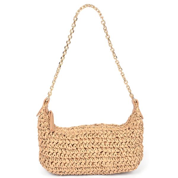 FAUX STRAW ZIP CHAIN SHOULDER CLUTCH BAG