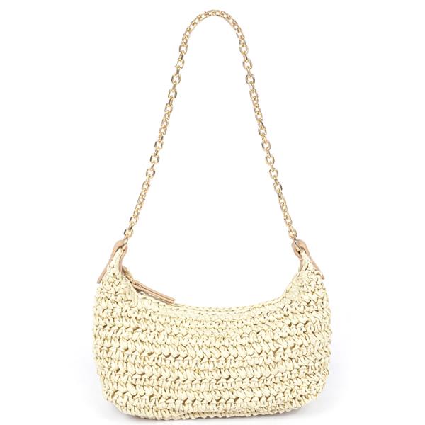 FAUX STRAW ZIP CHAIN SHOULDER CLUTCH BAG