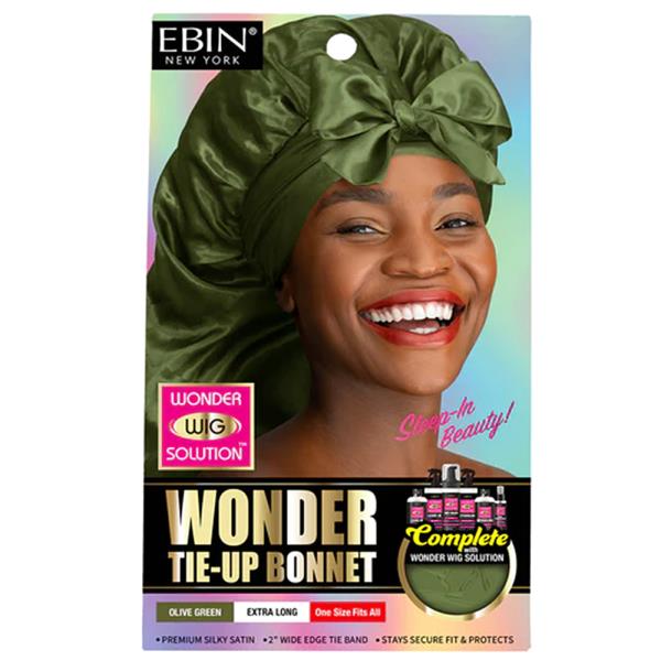 EBIN WONDER WIG TIE UP BONNET OLIVE GREEN EXTRA LONG