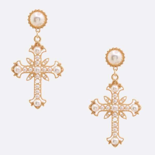 PEARL BEAD CROSS DANGLE EARRING