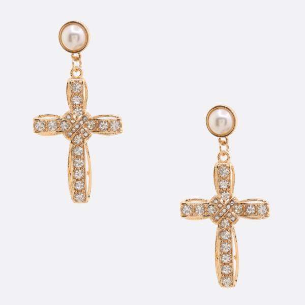 PEARL BEAD CROSS DANGLE EARRING