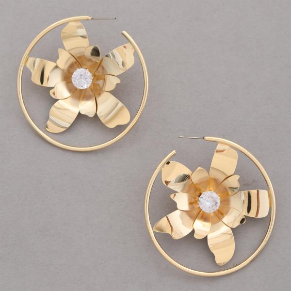 FLOWER RHINESTONE CENTER HOOP EARRING