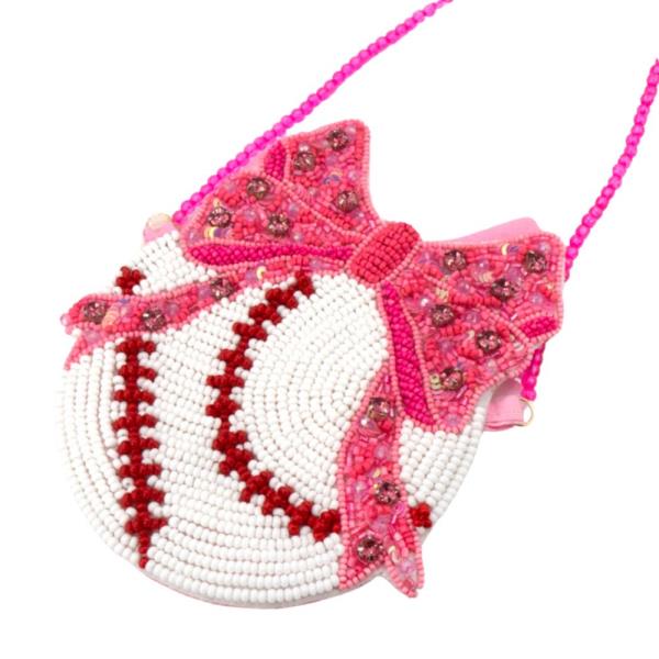 SEED BEAD BASEBALL RIBBON ROUND CROSSBODY BAG