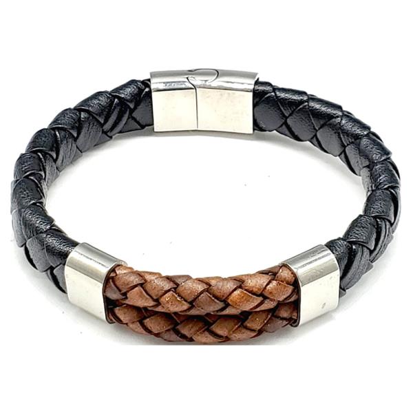 UNISEX STAINLESS STEEL BLACK & BROWN LEATHER MIXED BRAIDED BRACELET