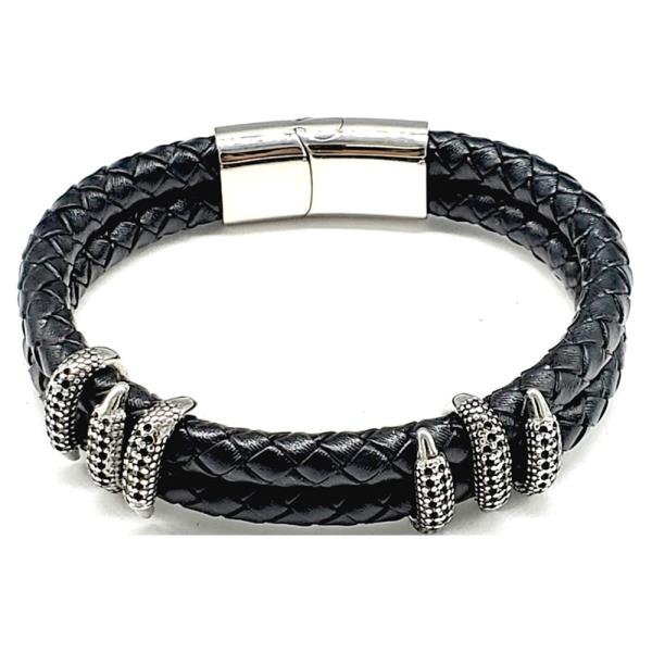 STAINLESS STEEL BLACK LEATHER BRACELET WITH TEXTURED ACCENTS