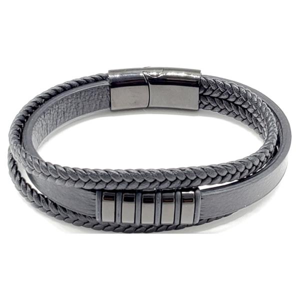 UNISEX STAINLESS STEEL BLACK LEATHER BRACELET WITH HEMATITE ACCENTS