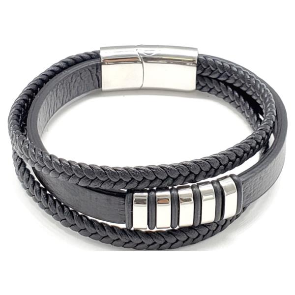 UNISEX STAINLESS STEEL BLACK LEATHER BRACELET WITH HEMATITE ACCENTS