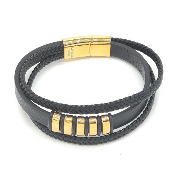 UNISEX STAINLESS STEEL BLACK LEATHER BRACELET WITH HEMATITE ACCENTS