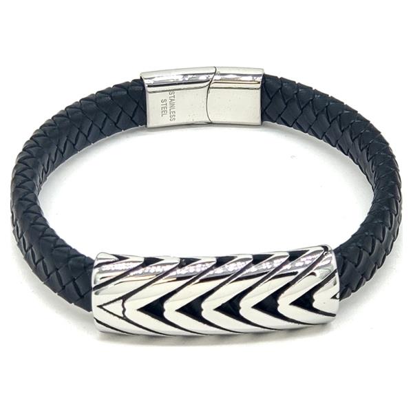 UNISEX STAINLESS STEEL BLACK LEATHER BRACELET WITH CHEVRON PATTERN