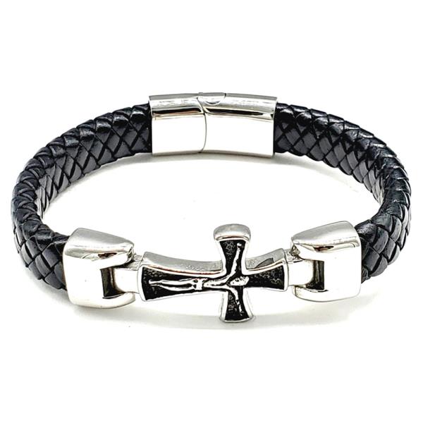 STAINLESS STEEL BLACK LEATHER BRACELET WITH CROSS DETAIL