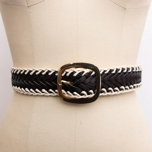 CROCHET TRIMMED LEATHER WOVEN ROPE TRIM BUCKLE BELT