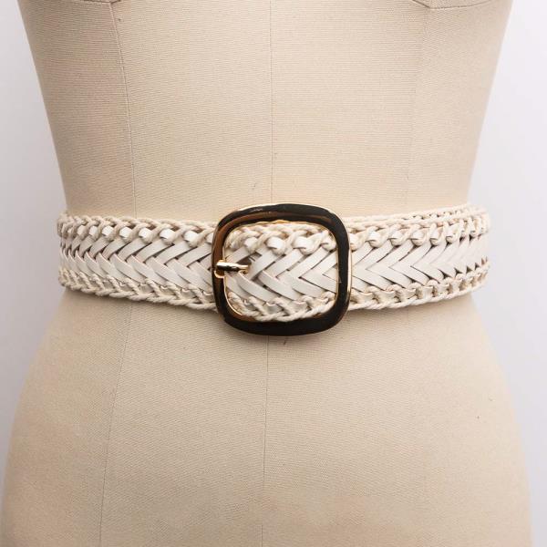 CROCHET TRIMMED LEATHER WOVEN ROPE TRIM BUCKLE BELT