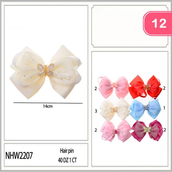 BUTTERFLY EMBELLISHED ORGANZA BOW HAIR PIN (12 UNITS)