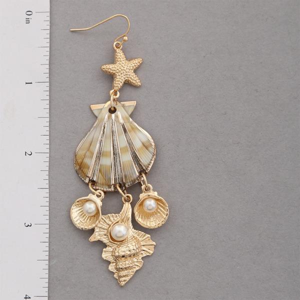 STARFISH SEASHELL METAL PEARL BEAD DANGLE EARRING