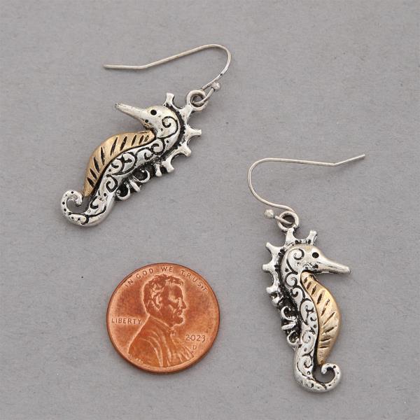 TWO TONE SEAHORSE METAL DANGLE EARRING