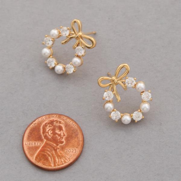 14K GOLD DIPPED CZ PEARL WREATH BOW EARRING