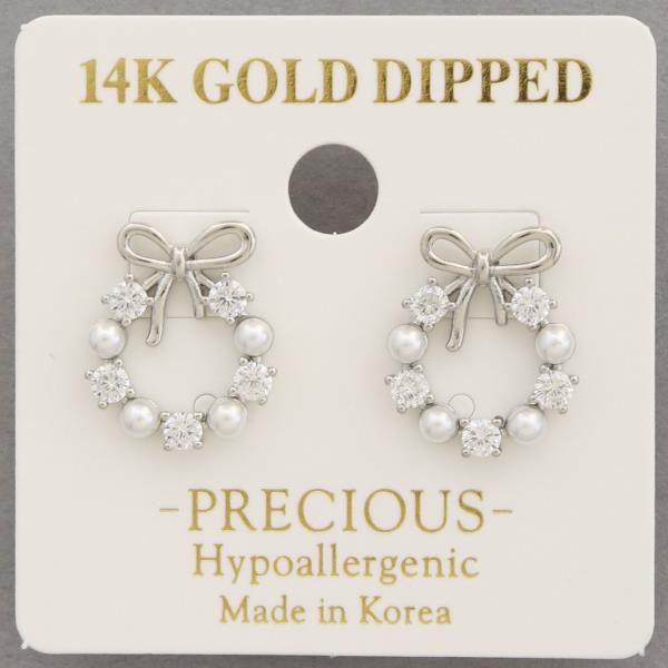 14K GOLD DIPPED CZ PEARL WREATH BOW EARRING