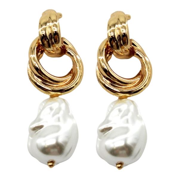 DOUBLE RING METAL PEARL DROP EARRINGS