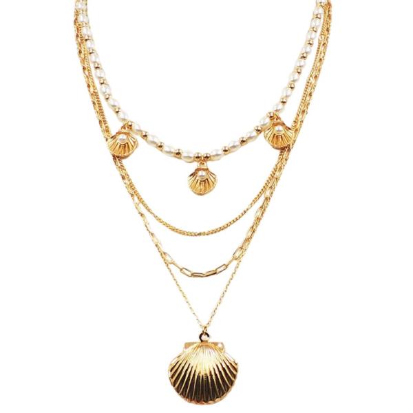 SEASHELL PENDANT MULTI CHARM PEARL BEAD LAYERED NECKLACE