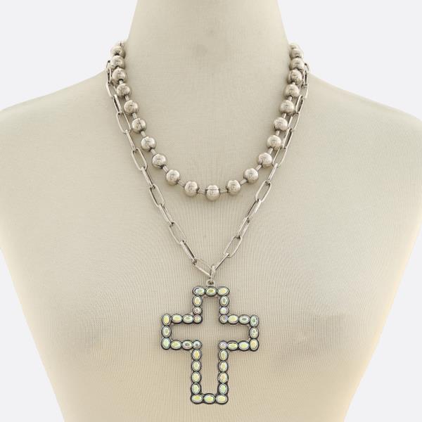 RHINESTONE CROSS PENDANT BALL BEAD LAYERED NECKLACE