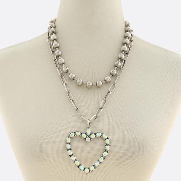 RHINESTONE HEART PENDANT BALL BEAD LAYERED NECKLACE