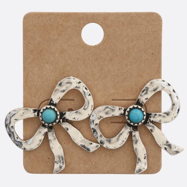 WESTERN STYLE TURQUOISE BEAD RIBBON BOW EARRING