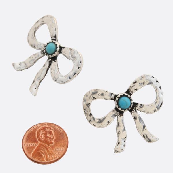 WESTERN STYLE TURQUOISE BEAD RIBBON BOW EARRING