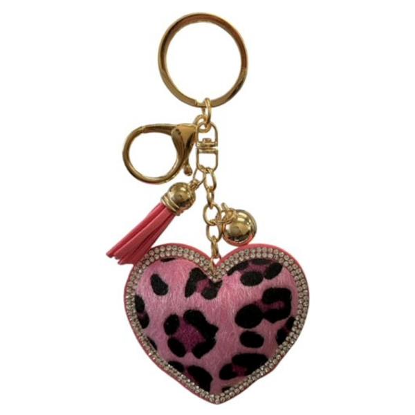 FAUX FUR LEOPARD HEART KEYCHAIN