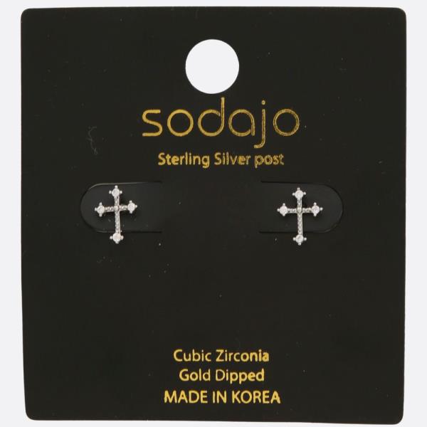 SODAJO CROSS CZ GOLD DIPPED STERLING SILVER POST EARRING