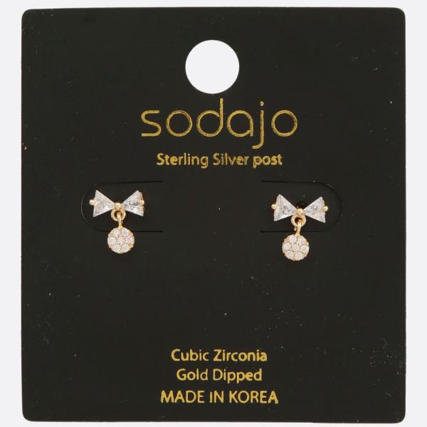 SODAJO RIBBON BOW CZ GOLD DIPPED STERLING SILVER POST EARRING