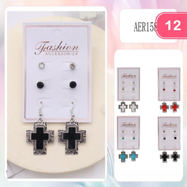 METAL ENAMEL CROSS DANGLE EARRINGS SET (12 UNITS)