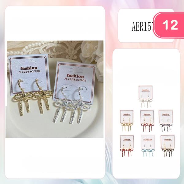 METAL RHINESTONE BOW DROP HOOP EARRINGS (12 UNITS)