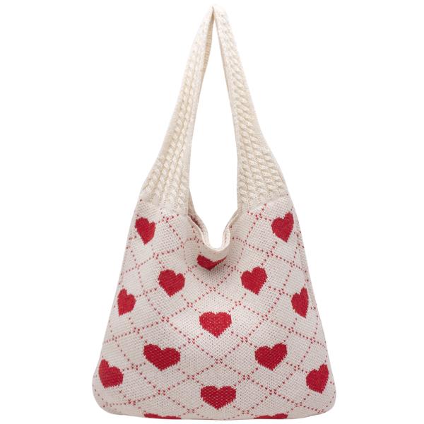 HEARTS PATTERN KNITTED SHOULDER HOBO BAG