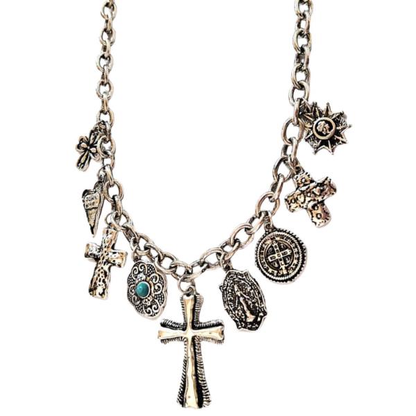 WESTERN STYLE CROSS MULTI CHARM META NECKLACE