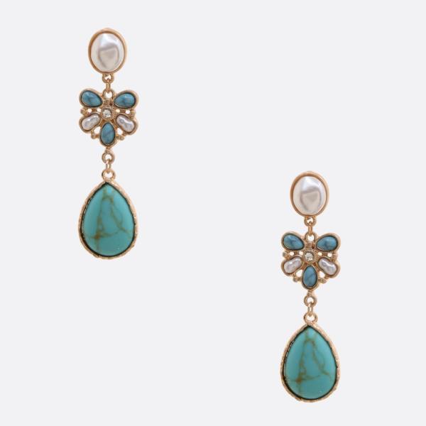 WESTERN STYLE TURQUOISE BEAD PEARL DANGLE EARRING