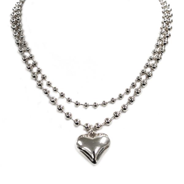 PUFFY HEART PENDANT BALL BEAD LAYERED NECKLACE