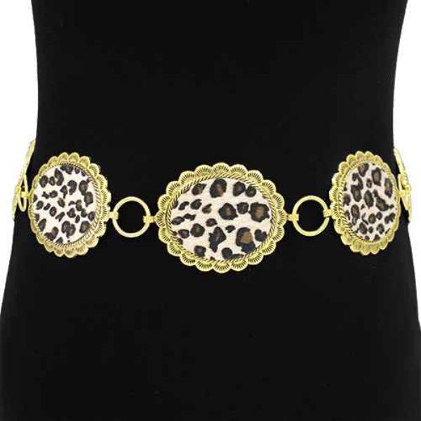 METAL LINK OVAL CONCHO LEOPARD PRINT WESTERN CHAIN BELT