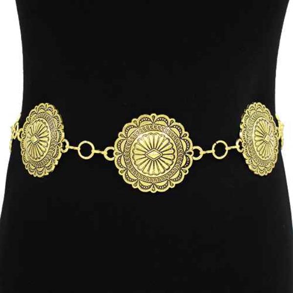 METAL LINK ROUND CONCHO SCALLOPED ENGRAVED WESTERN CHAIN BELT