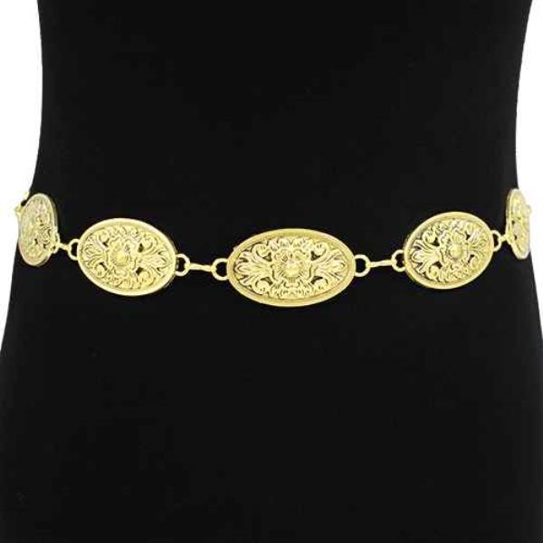 METAL LINK OVAL CONCHO FLORAL ENGRAVED WESTERN CHAIN BELT